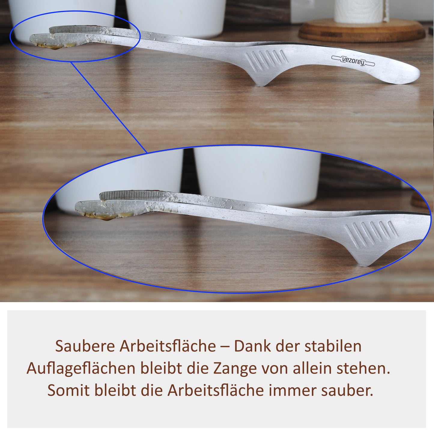 VEZOREY® - Küchenzange - Grillzange - Edelstahl Küchenhelfer mit integrierter Standfunktion