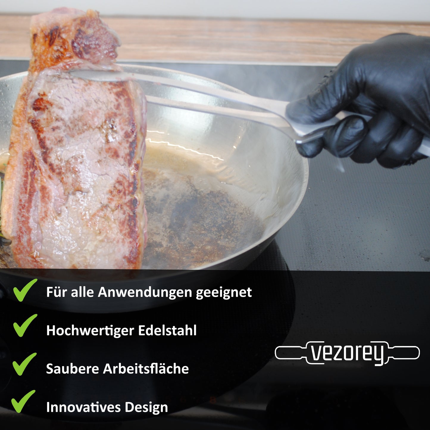 VEZOREY® - Küchenzange - Grillzange - Edelstahl Küchenhelfer mit integrierter Standfunktion