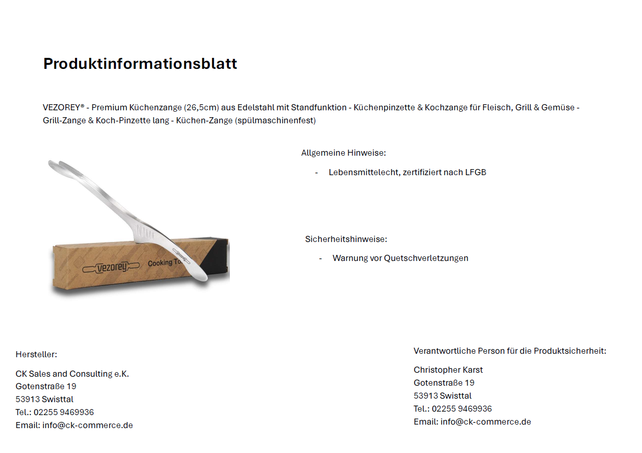 VEZOREY® - Küchenzange - Grillzange - Edelstahl Küchenhelfer mit integrierter Standfunktion